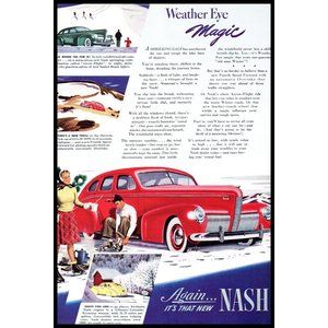 1940 Nash Sedan Antique Car Vintage Print Ad Snow Skiing Ice Skating Winter Art